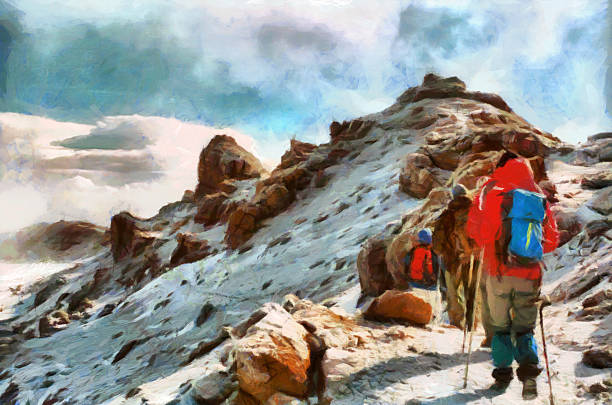 Group of trekkers hiking among snows of Kilimanjaro mountain Group of trekkers hiking among snows of Kilimanjaro mountain oil painting kilimanjaro stock pictures, royalty-free photos & images